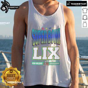 Hot Super Bowl LIX New Orleans and Louisiana tank top featuring vibrant colors and bold graphics for football fans.