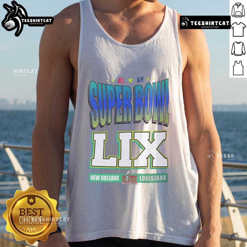 Hot Super Bowl LIX New Orleans and Louisiana tank top featuring vibrant colors and bold graphics for football fans.