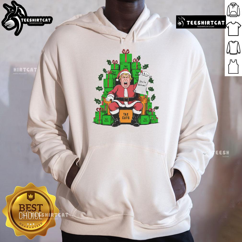 Hot Trump Santa Tax Cuts hoodie featuring festive design, perfect for Christmas celebrations and holiday gifting.