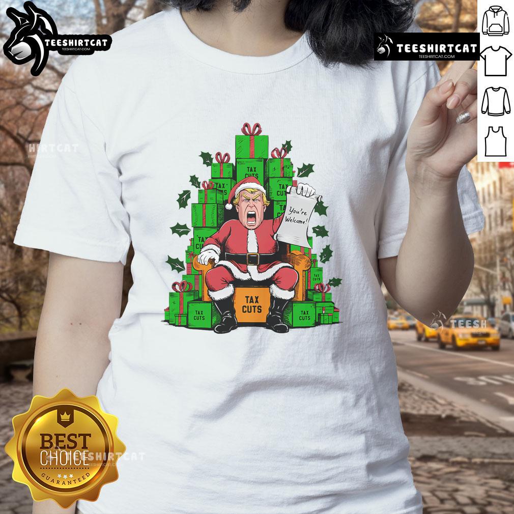 Hot Trump Santa graphic tee celebrating tax cuts for Christmas, perfect for holiday festivities and political humor.
