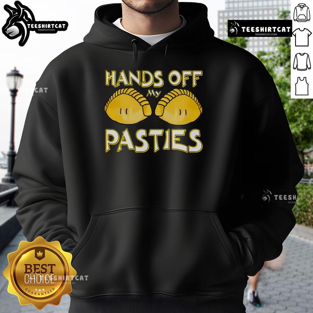 Person wearing a 'Hands Off My Pasties' hoodie, showcasing a fun Cornish pasty design in Cornwall.