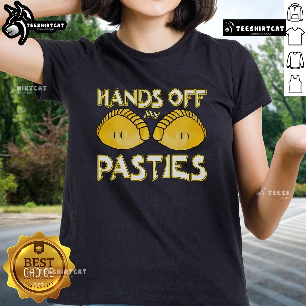 Fun 'Hands Off My Pasties' Cornwall ladies tee featuring a vibrant design celebrating Cornish pasties.