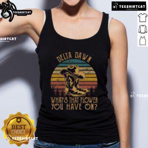 Vintage sunset tank top featuring a flower design, paired with cowboy boots at Nice Delta Dawn event.