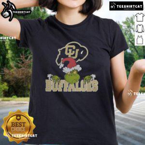Nice Grinch NCAA Colorado Buffaloes logo football Christmas 2024 ladies tee, perfect for festive sports fans.