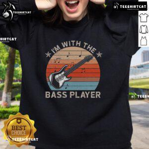 Nice I'm With The Bass Player Guitarist sweatshirt featuring a sunset design, perfect for music lovers and guitar enthusiasts.