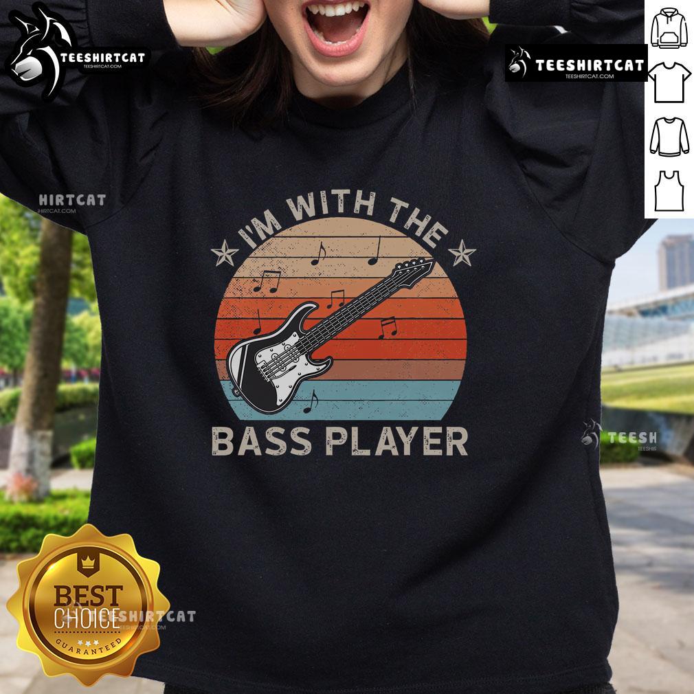 Nice I'm With The Bass Player Guitarist sweatshirt featuring a sunset design, perfect for music lovers and guitar enthusiasts.