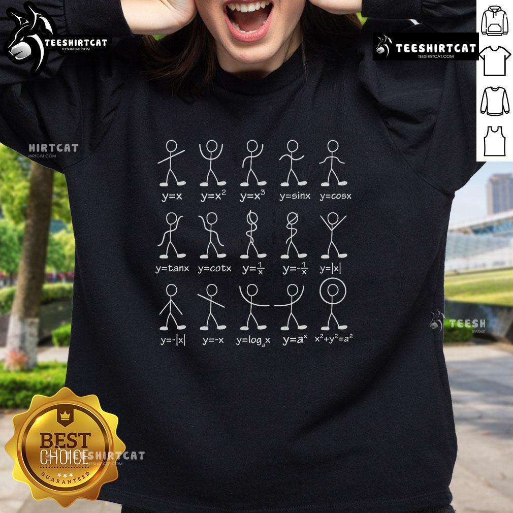Colorful math stick dance figures on an algebra-themed sweatshirt for mathematicians, perfect for math lovers.