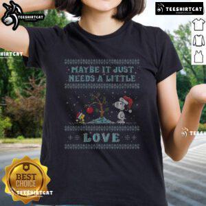 Women's tee featuring Snoopy and Woodstock with 'Maybe It Just Needs A Little Love' text for a cute casual look.
