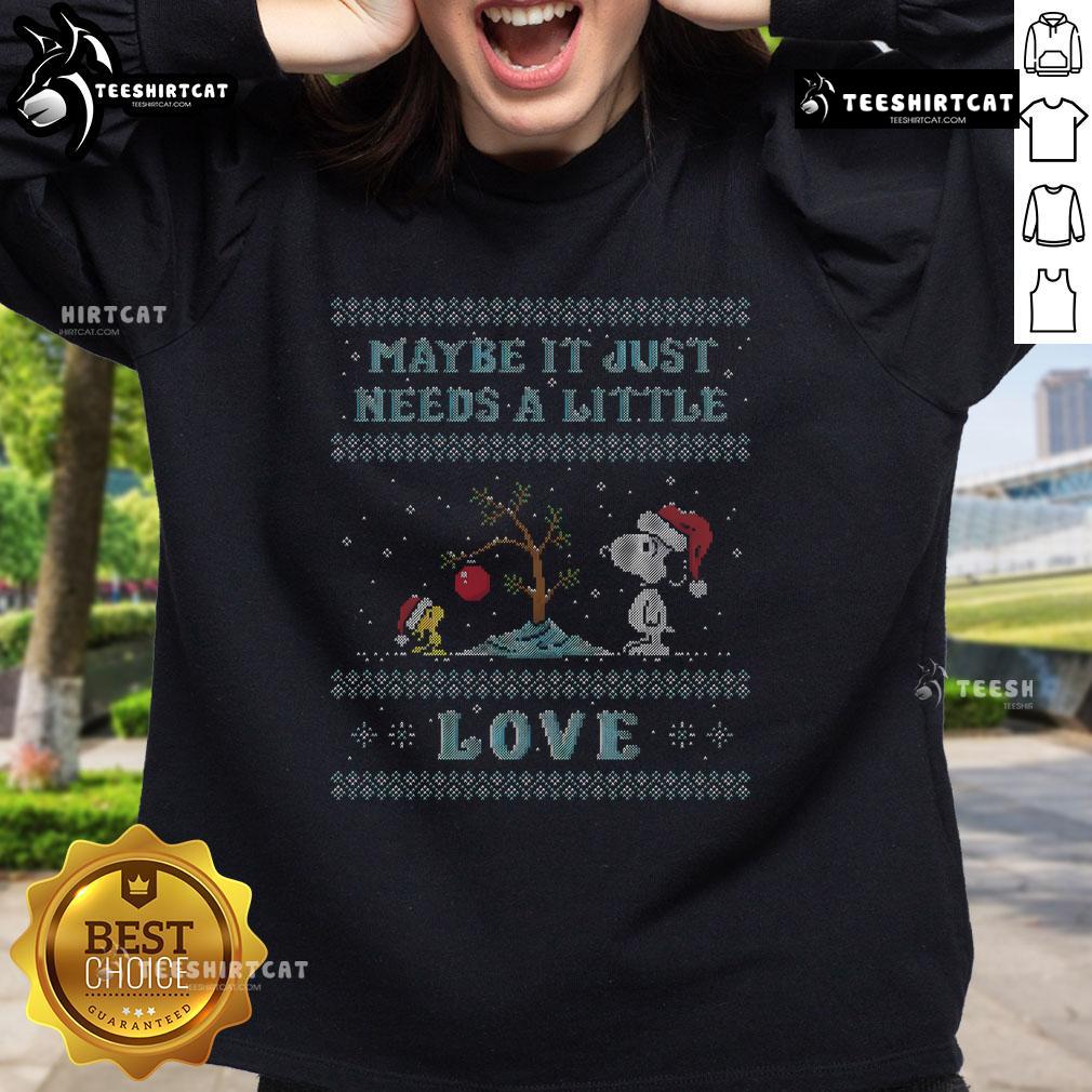 Cozy 'Nice Maybe It Just Needs A Little Love' Snoopy Woodstock sweatshirt featuring iconic characters in vibrant colors.