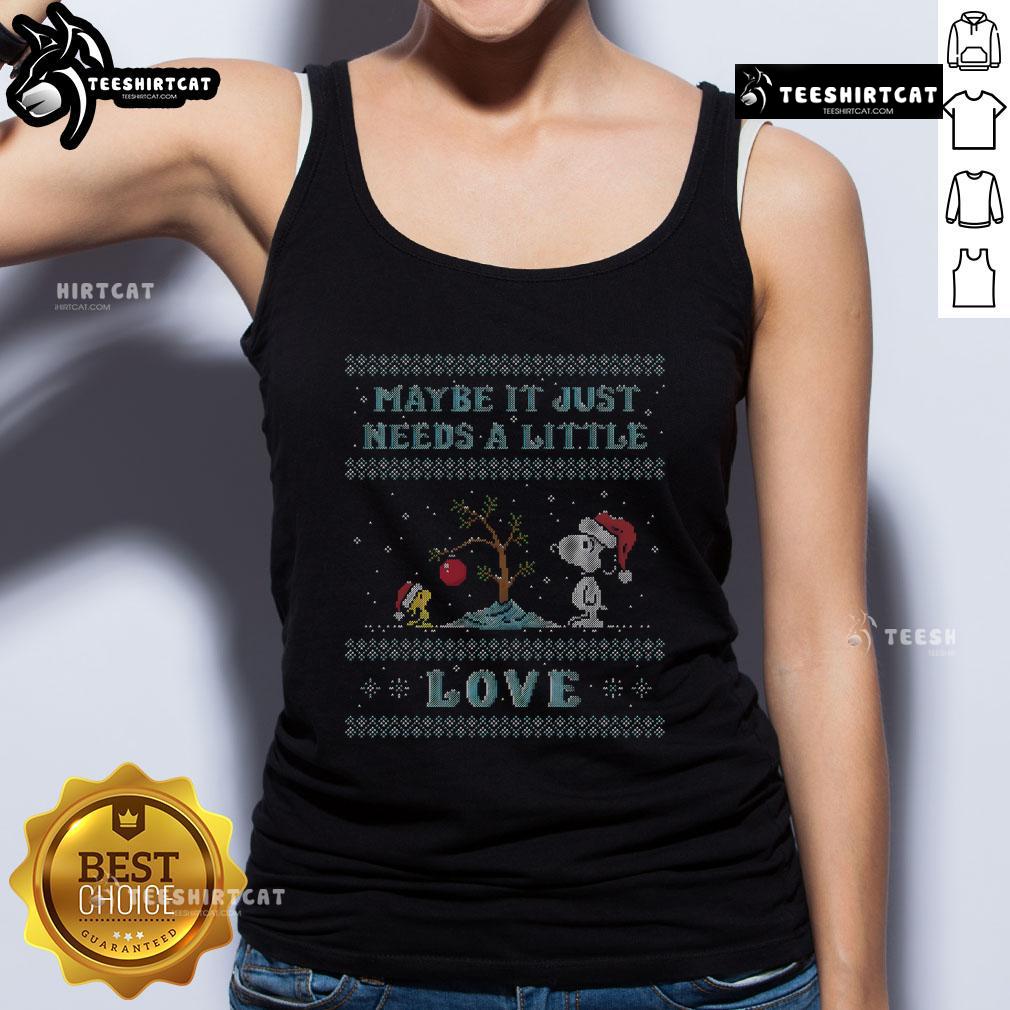 Cute Snoopy and Woodstock tank top design with the phrase 'Maybe It Just Needs A Little Love' for casual wear.