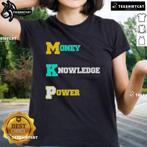 Stylish 'Nice Money Knowledge Power Ladies Tee' featuring empowering text design on a vibrant background for women.