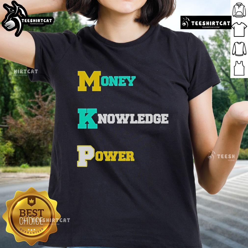 Stylish 'Nice Money Knowledge Power Ladies Tee' featuring empowering text design on a vibrant background for women.