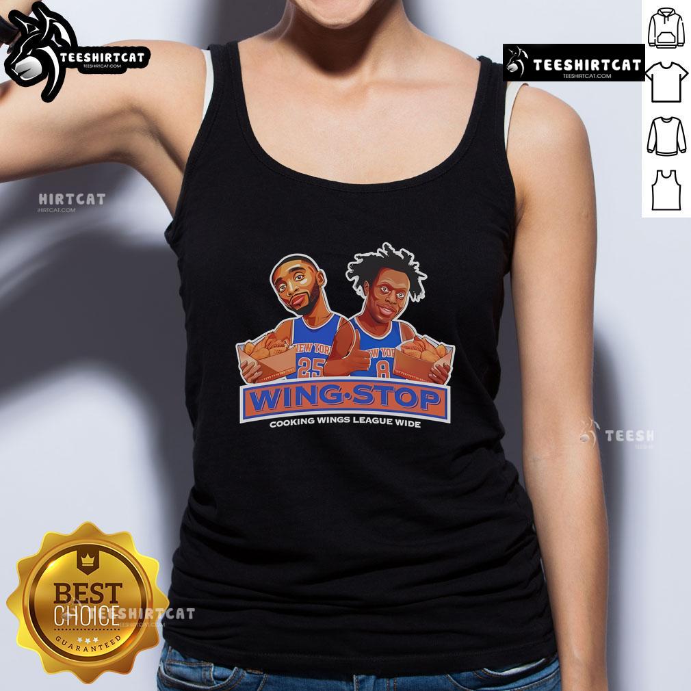 NY Knicks Wing Stop cooking wings tank top featuring vibrant team colors and logo, perfect for game day wear.