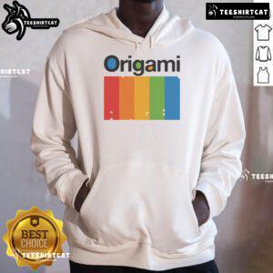 Colorful Nice Origami Spectrum Hoodie displayed on a hanger, showcasing its unique design and vibrant hues.