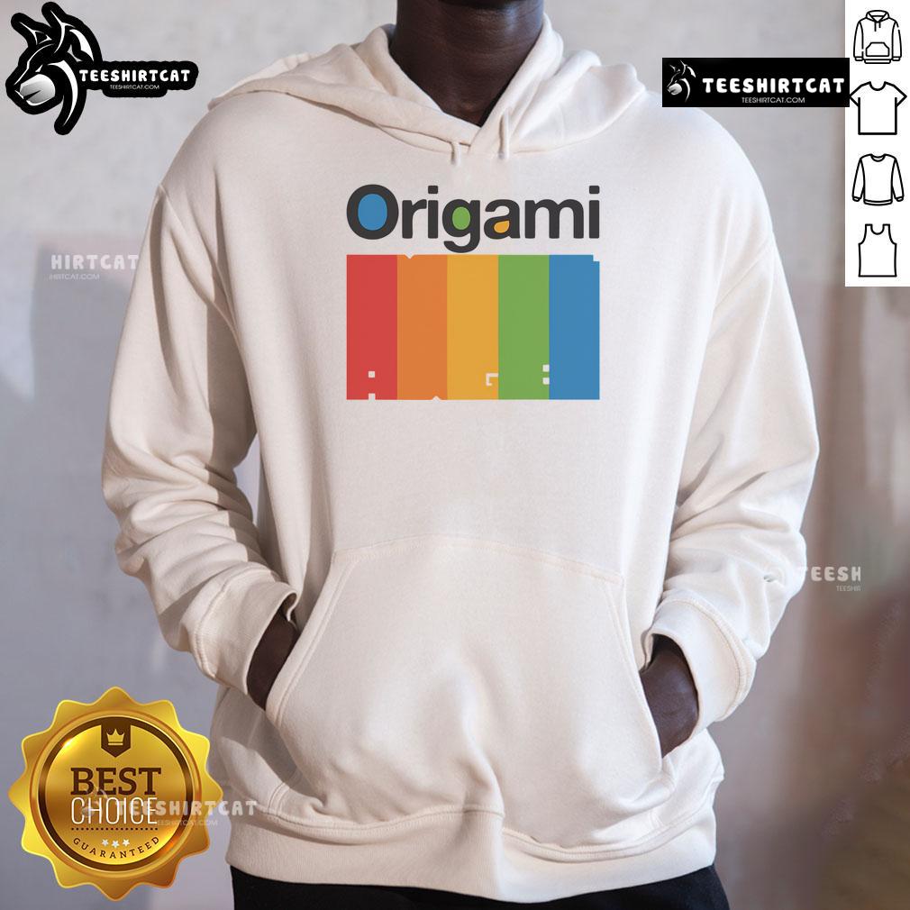 Colorful Nice Origami Spectrum Hoodie displayed on a hanger, showcasing its unique design and vibrant hues.