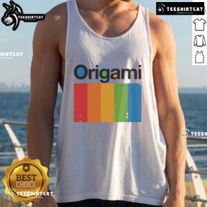 Colorful origami spectrum tank top featuring intricate designs and vibrant hues, perfect for summer fashion.