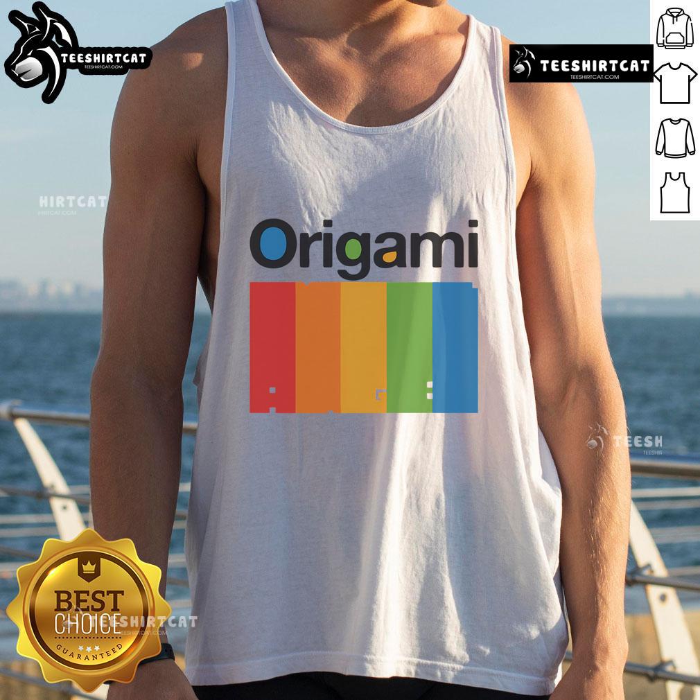Colorful origami spectrum tank top featuring intricate designs and vibrant hues, perfect for summer fashion.