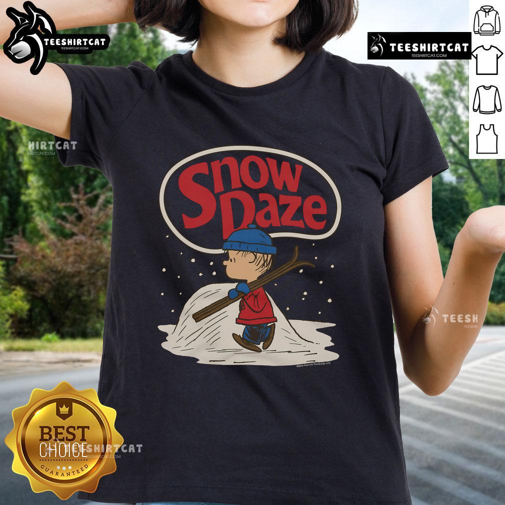 Nice Peanuts Linus Snow Daze Ladies Tee featuring Linus in a snowy scene, perfect for winter fashion and Peanuts fans.