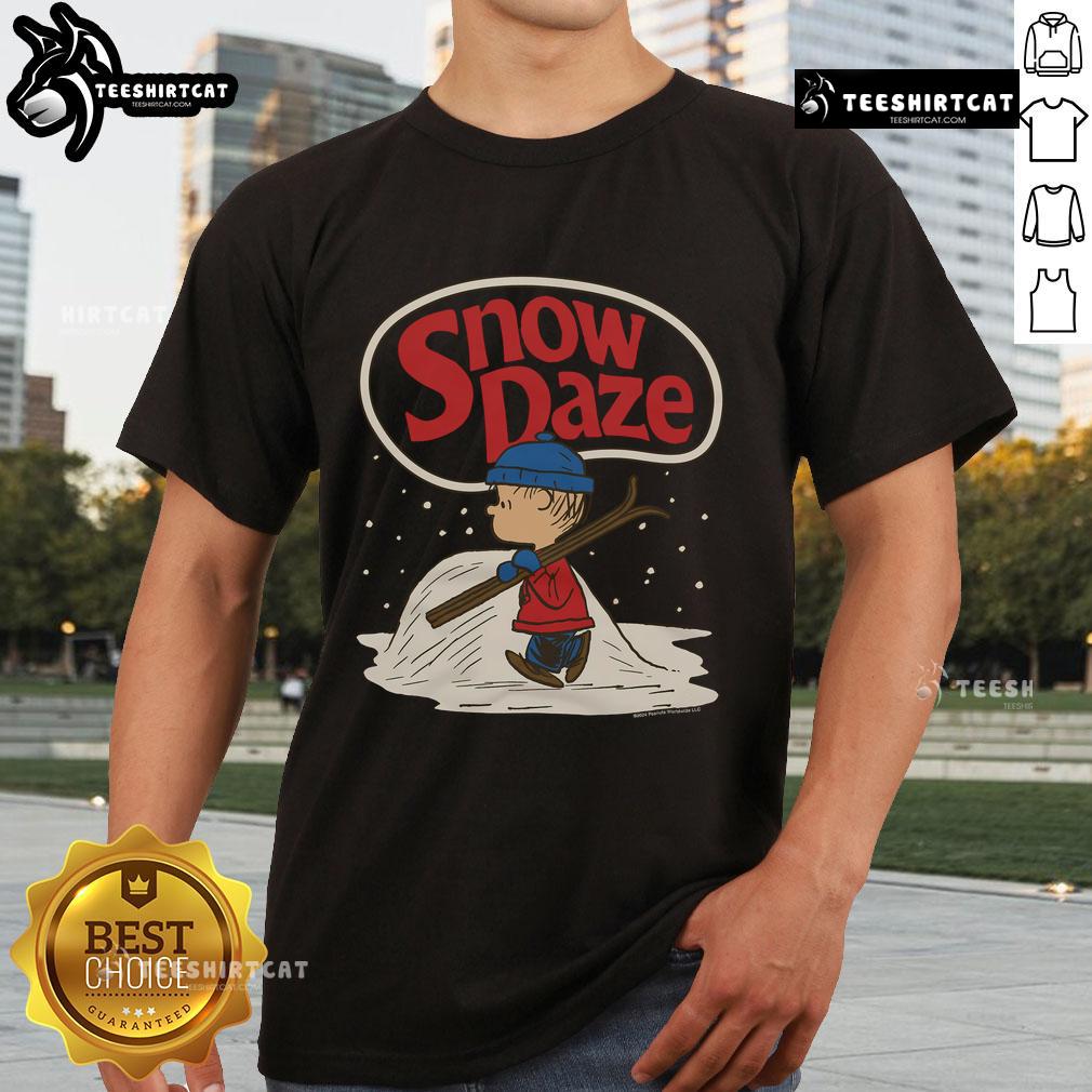 Alt Text: Nice Peanuts Linus Snow Daze T-Shirt featuring Linus in winter attire surrounded by snowflakes and a festive design.