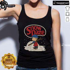 Linus from Peanuts in a snowy scene wearing a stylish tank top, perfect for winter fashion fans and Peanuts lovers.