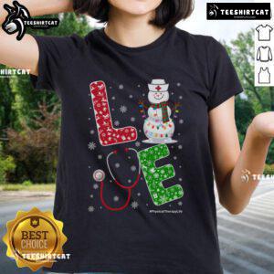 Christmas-themed tee for nurses featuring snowflakes, perfect for physical therapy professionals celebrating the holiday season.
