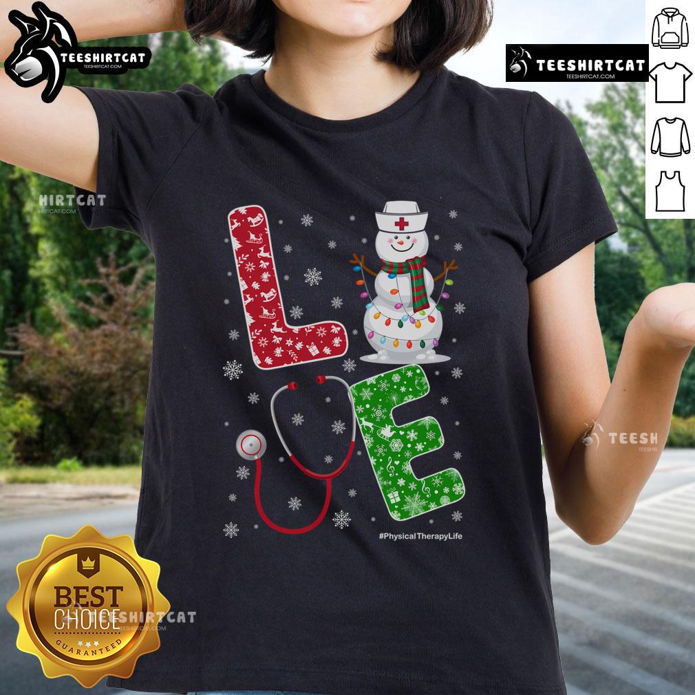 Christmas-themed tee for nurses featuring snowflakes, perfect for physical therapy professionals celebrating the holiday season.