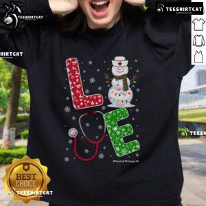 Cozy nurse sweatshirt featuring a festive Christmas design, perfect for physical therapy professionals enjoying winter snow.