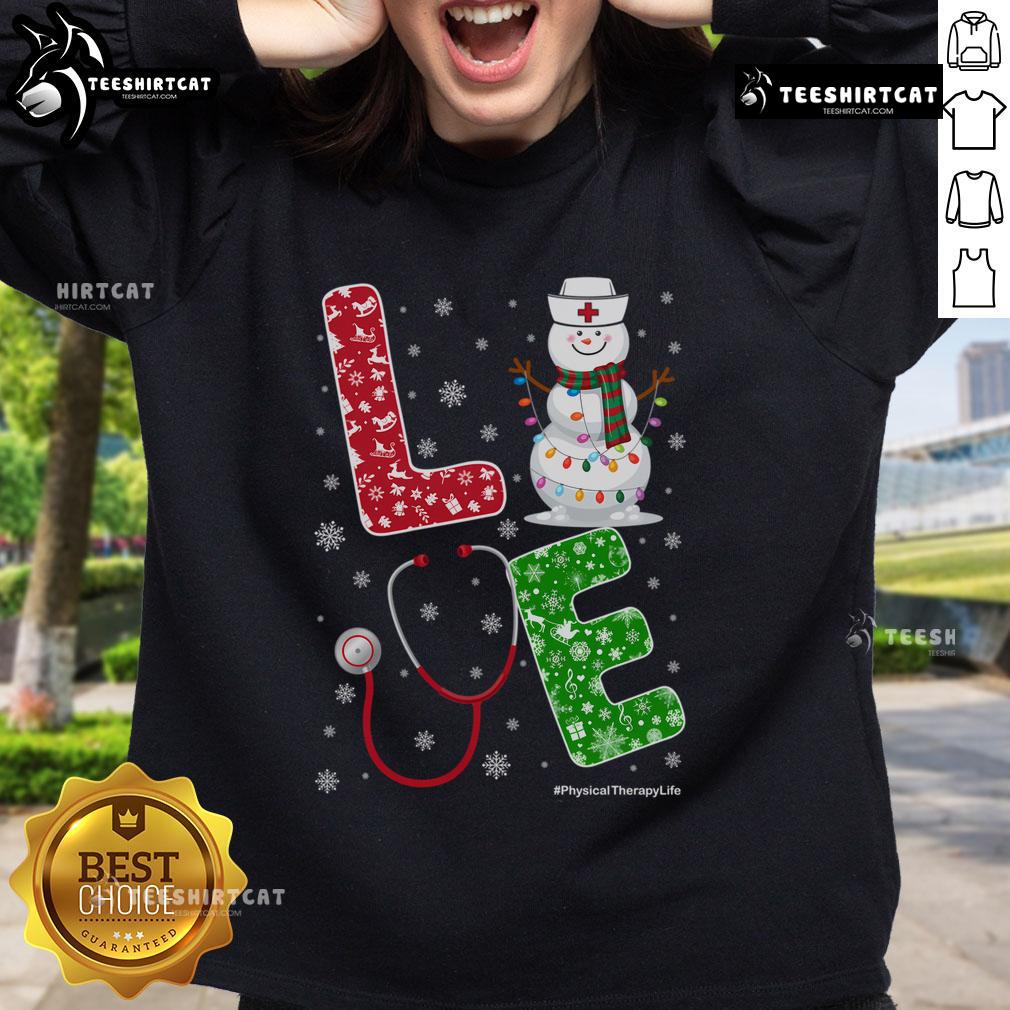 Cozy nurse sweatshirt featuring a festive Christmas design, perfect for physical therapy professionals enjoying winter snow.