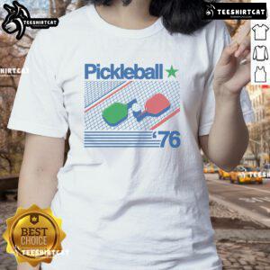 Vintage oatmeal ladies tee featuring a fun pickleball design, perfect for casual wear and pickleball enthusiasts.