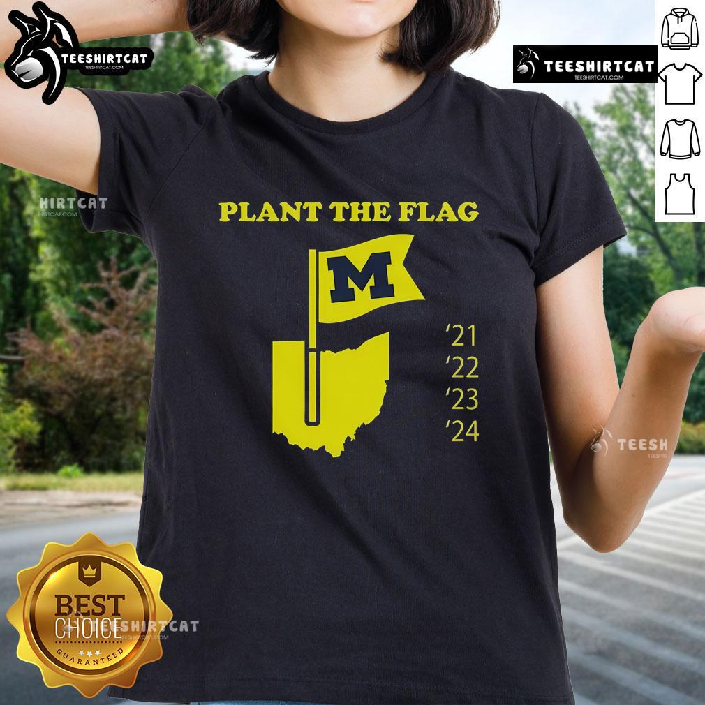 Alt Text: Ladies tee featuring 'Nice Plant the Flag Michigan 21-22-23-24' design, perfect for Michigan fans and casual wear.