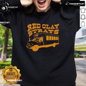 Stylish Nice Red Clay Strays bus sweatshirt featuring a vibrant design, perfect for casual wear and street style enthusiasts.