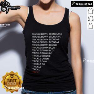 Robert Reich wearing a tank top with 'Trickle Down Economics' graphic, promoting economic justice and awareness.