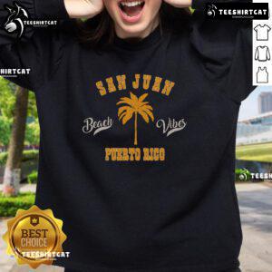 Retro sweatshirt featuring tropical palm tree beach vibes from San Juan, Puerto Rico, perfect for island lovers.