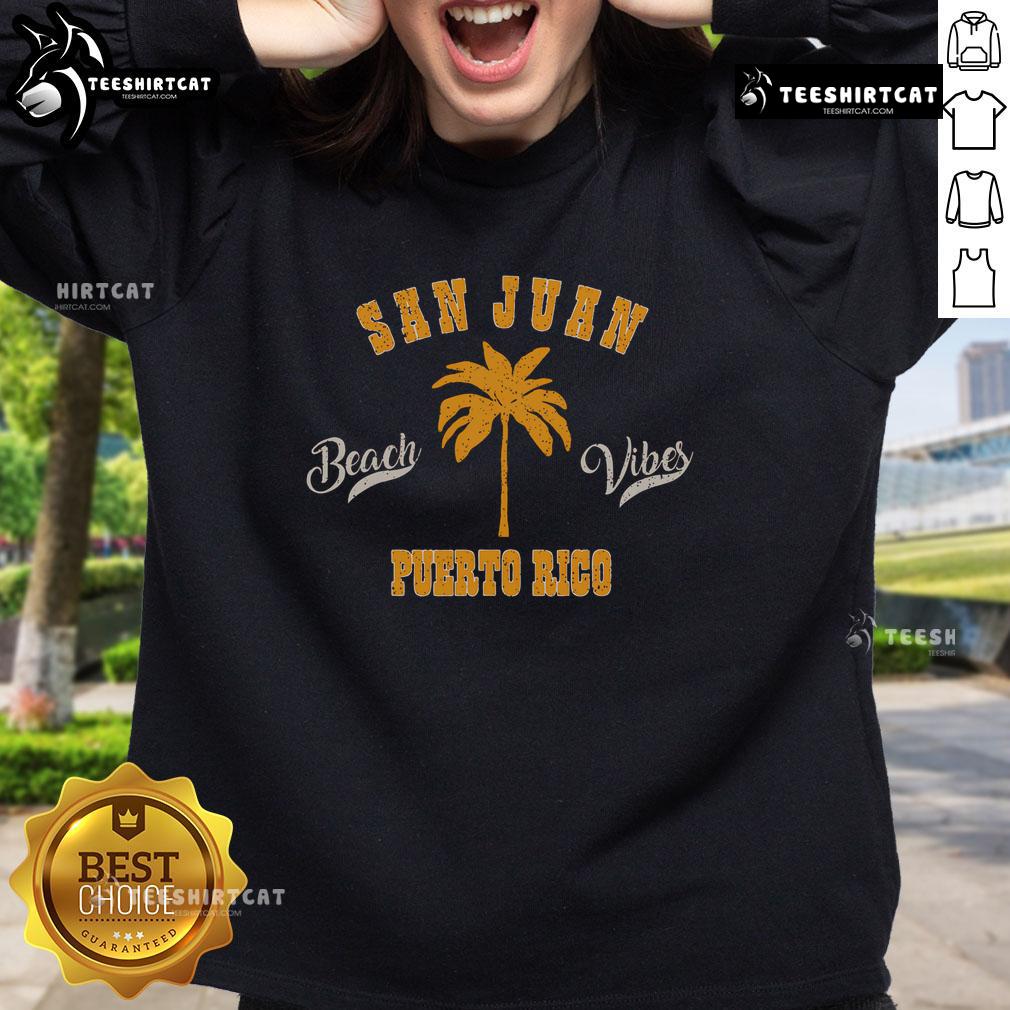 Retro sweatshirt featuring tropical palm tree beach vibes from San Juan, Puerto Rico, perfect for island lovers.