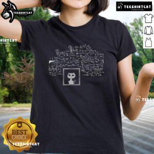 Funny Schrodinger's Cat in a box design on a ladies' tee for science and physics nerds, perfect for casual wear.