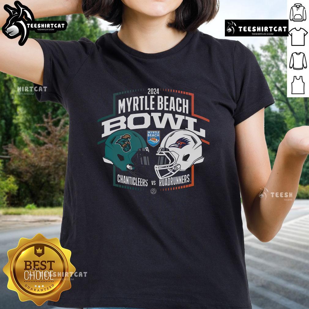2024 Myrtle Beach Bowl matchup: Coastal Carolina Chanticleers vs UTSA Roadrunners NCAA Division Ladies Tee design.