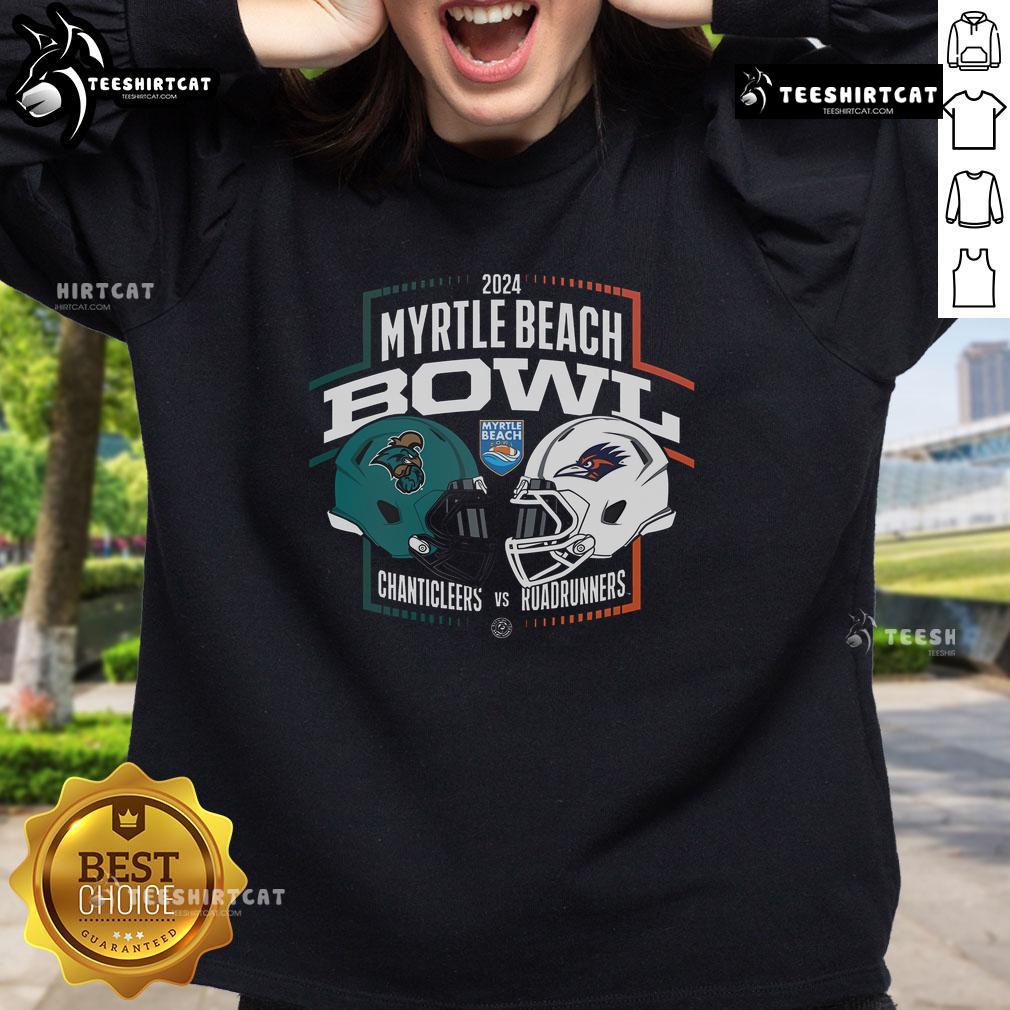 Alt Text: 2024 Myrtle Beach Bowl sweatshirt featuring Coastal Carolina Chanticleers vs UTSA Roadrunners NCAA Division matchup.