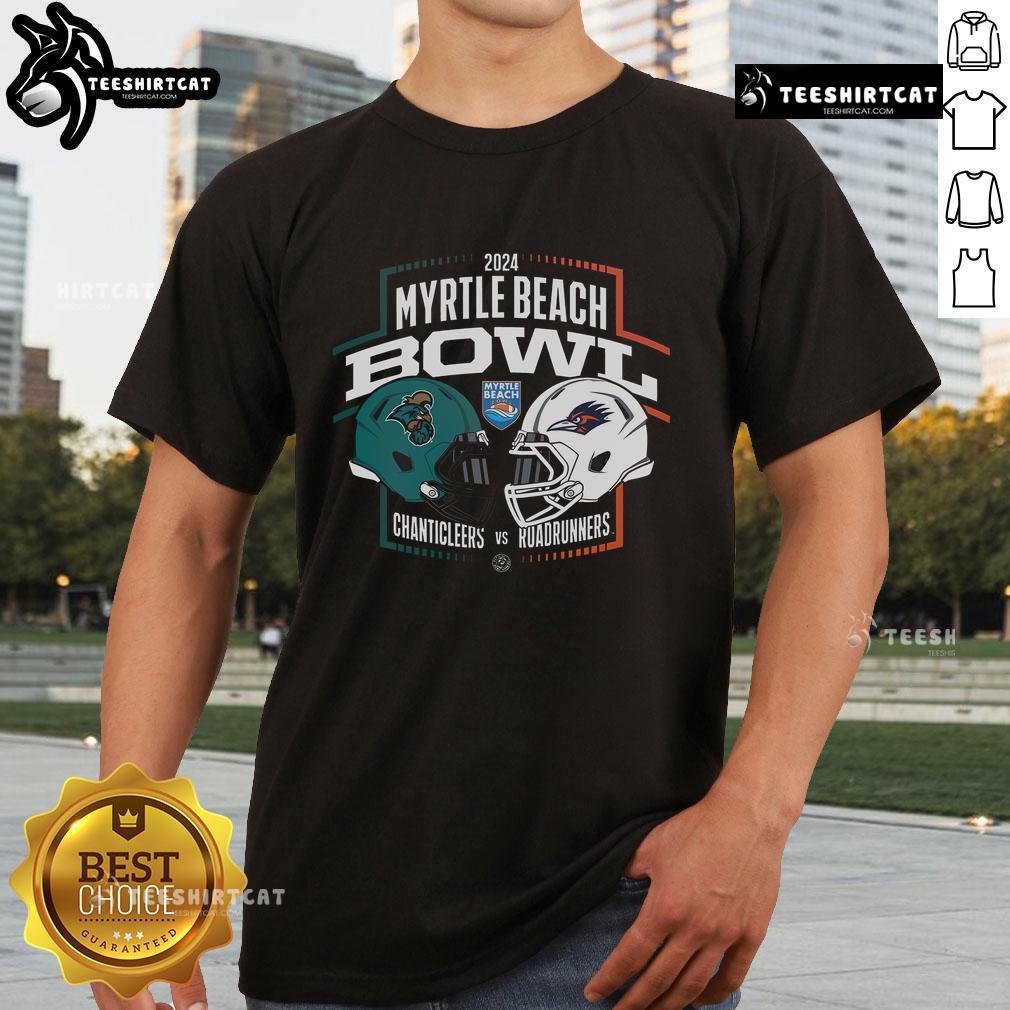Official 2024 Myrtle Beach Bowl t-shirt featuring Coastal Carolina Chanticleers vs UTSA Roadrunners NCAA Division matchup.