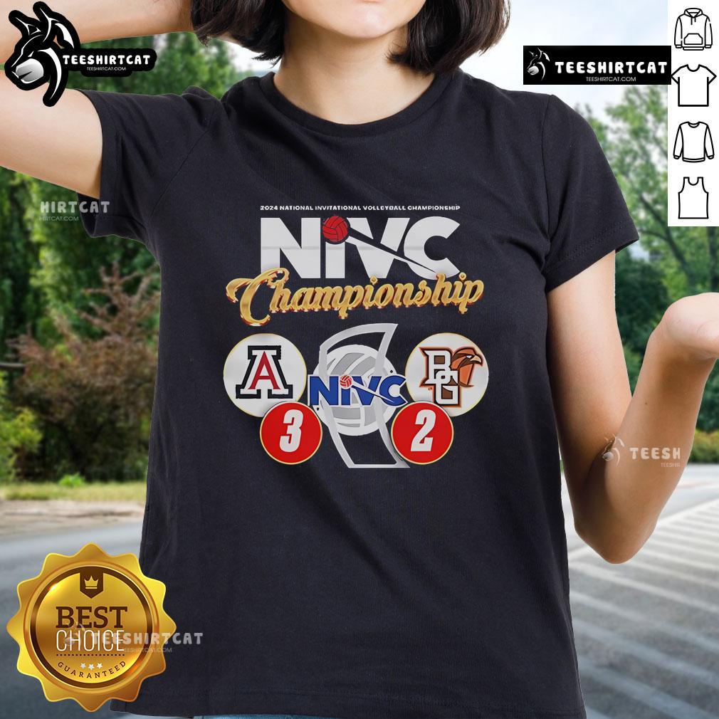 Official Arizona Volleyball Nivic Champions 3-2 Ladies Tee featuring team logo and vibrant design for fans.
