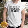 Official Camping RV Caravan Motorhome T-Shirt featuring 'Just Here For The Hookups' slogan, perfect for outdoor enthusiasts.