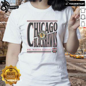 Alt Text: Official Chicago Blackhawks Khaki 2025 NHL Winter Classic Richmond Powerhouse Ladies Tee showcasing team spirit.