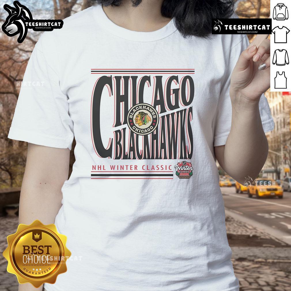 Alt Text: Official Chicago Blackhawks Khaki 2025 NHL Winter Classic Richmond Powerhouse Ladies Tee showcasing team spirit.