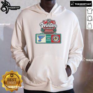 Official Chicago Blackhawks vs St. Louis Blues 2025 NHL Winter Hoodie featuring team logos and winter sports design.