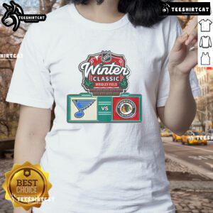 Official Chicago Blackhawks vs St. Louis Blues 2025 NHL Winter ladies tee, showcasing team logos and stylish design.