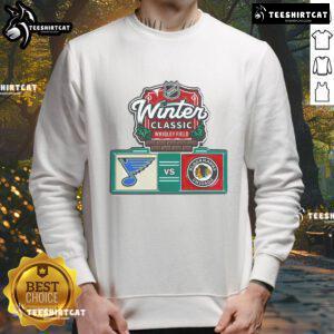 Official Chicago Blackhawks vs St. Louis Blues 2025 NHL Winter Sweatshirt featuring team logos and winter-themed design.