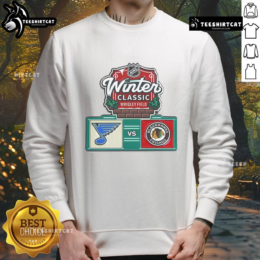 Official Chicago Blackhawks vs St. Louis Blues 2025 NHL Winter Sweatshirt featuring team logos and winter-themed design.
