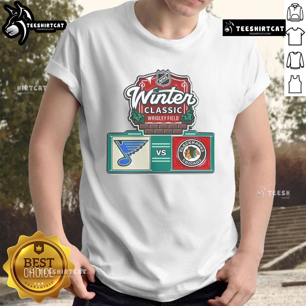 Official Chicago Blackhawks vs St. Louis Blues 2025 NHL Winter T-Shirt featuring team logos and vibrant design.