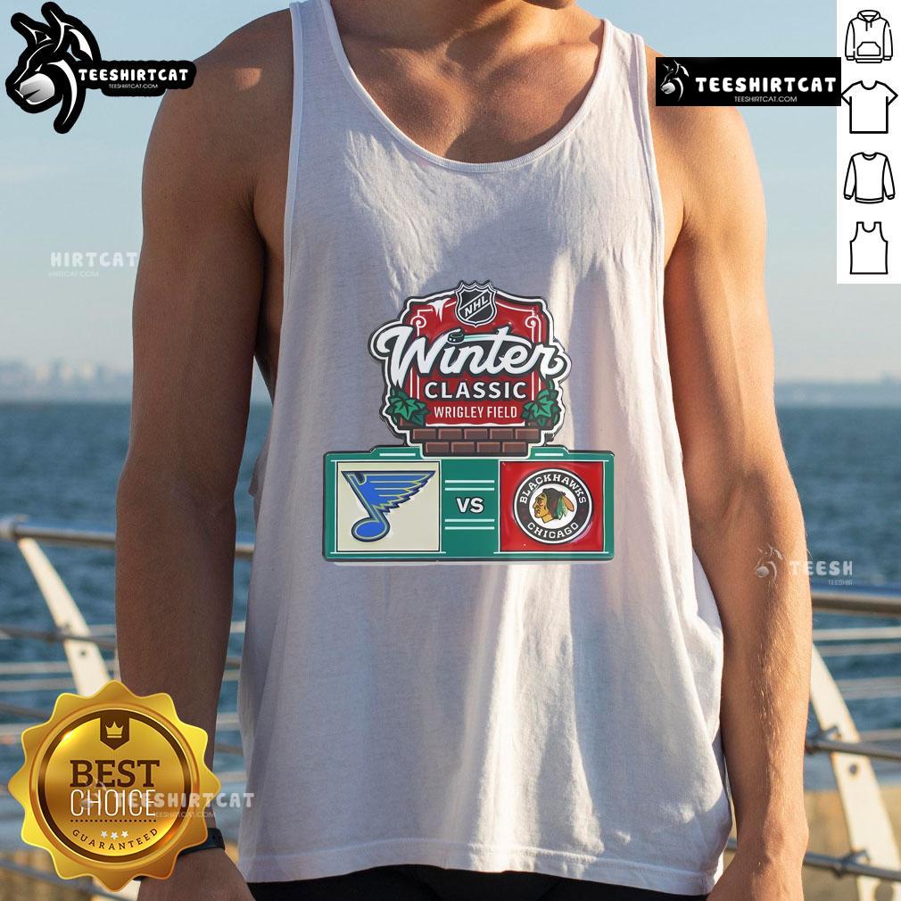 Chicago Blackhawks vs St. Louis Blues 2025 NHL Winter tank top featuring team logos and vibrant colors for fans.