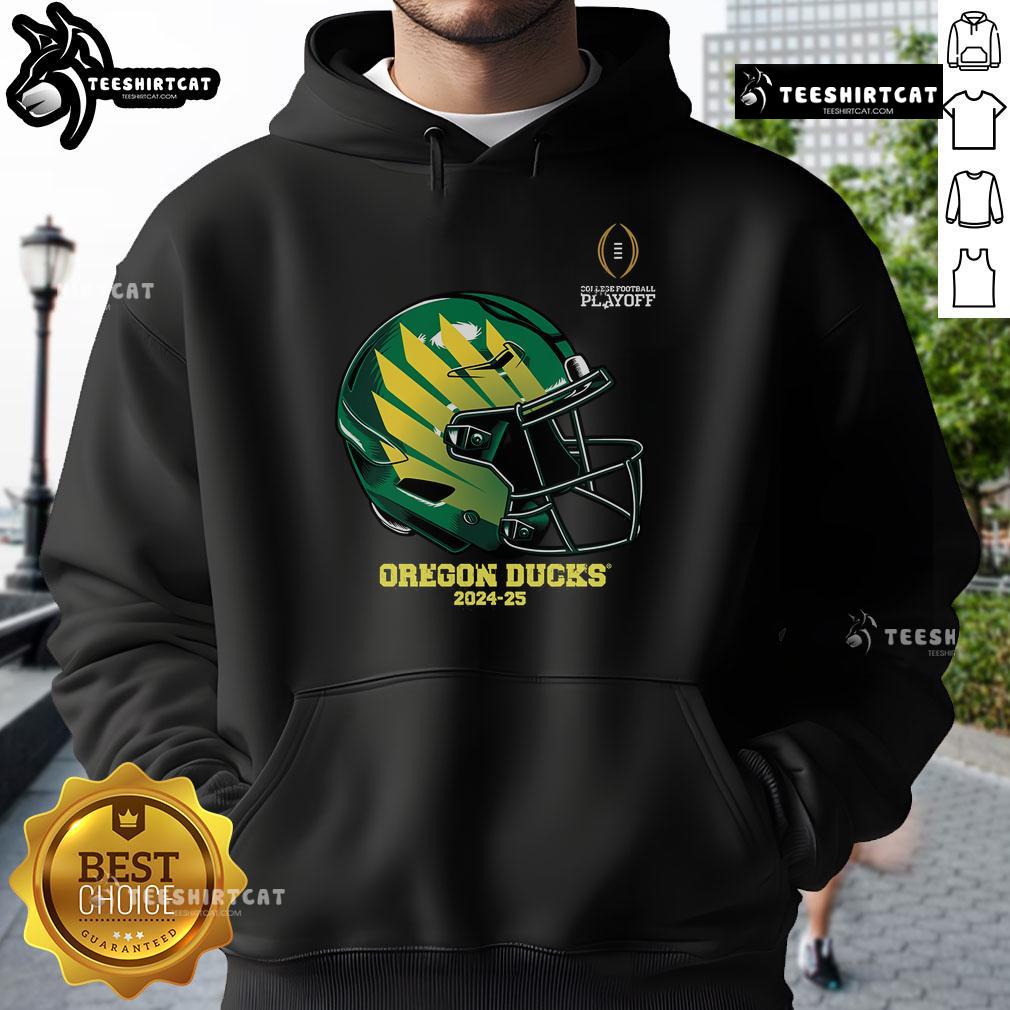 Alt Text: 2025 Oregon Ducks Helmet Hoodie showcasing the official College Football Playoff design with vibrant team colors.