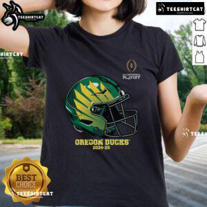 Alt Text: 2025 Oregon Ducks helmet graphic on a ladies tee, perfect for college football playoff fans.